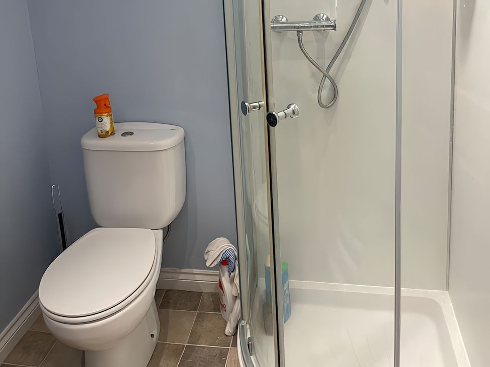 A bathroom with a toilet and a shower at 15 New Shawbost in Shawbost