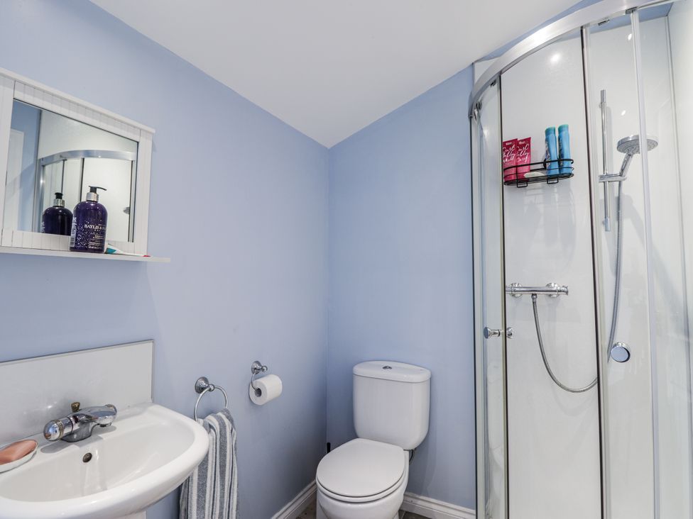 A bathroom with washbasin, toilet, and shower at 15 New Shawbost in Shawbost