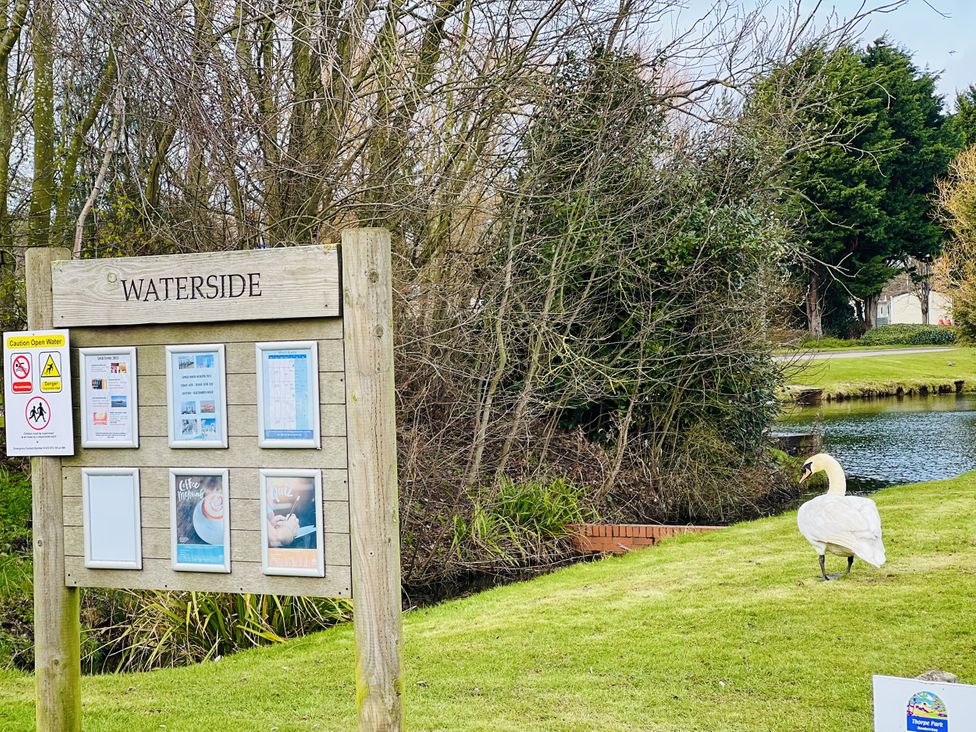 A signboard with information at Waterside with a swan near a pond at The Wild’s Waterside Haven Cleethorpes