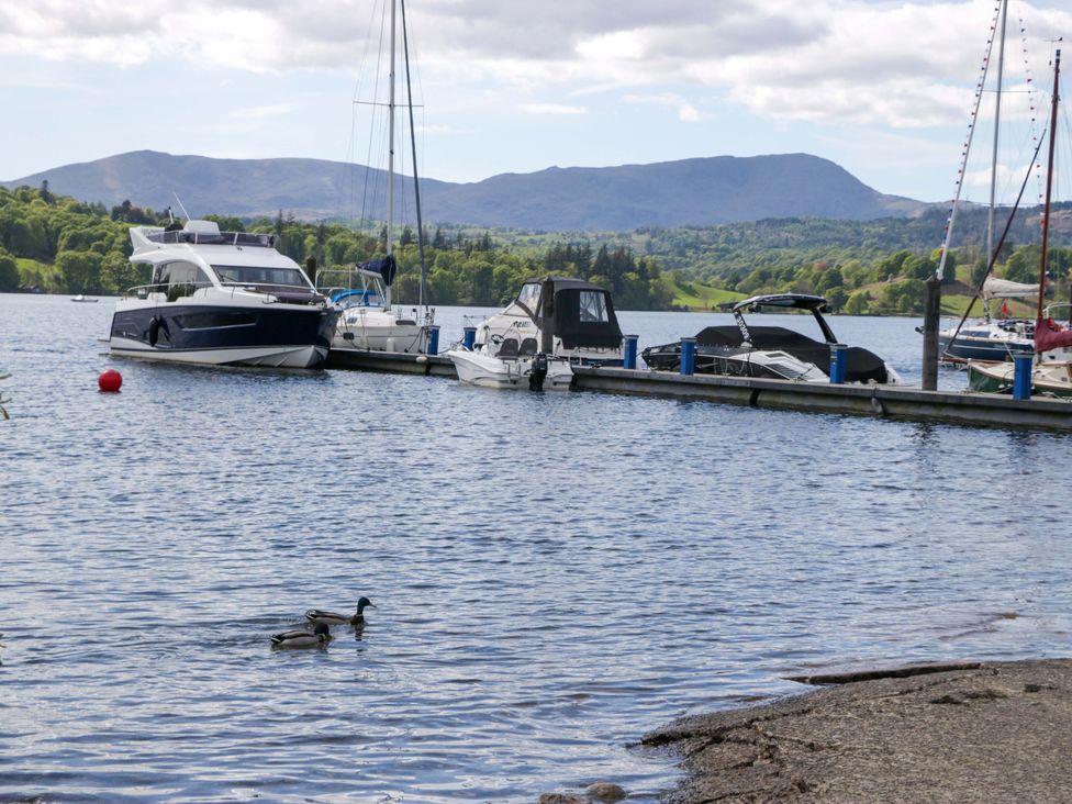 A view of boats at a dock with ducks in the water at Waters Edge Lodge in Windermere