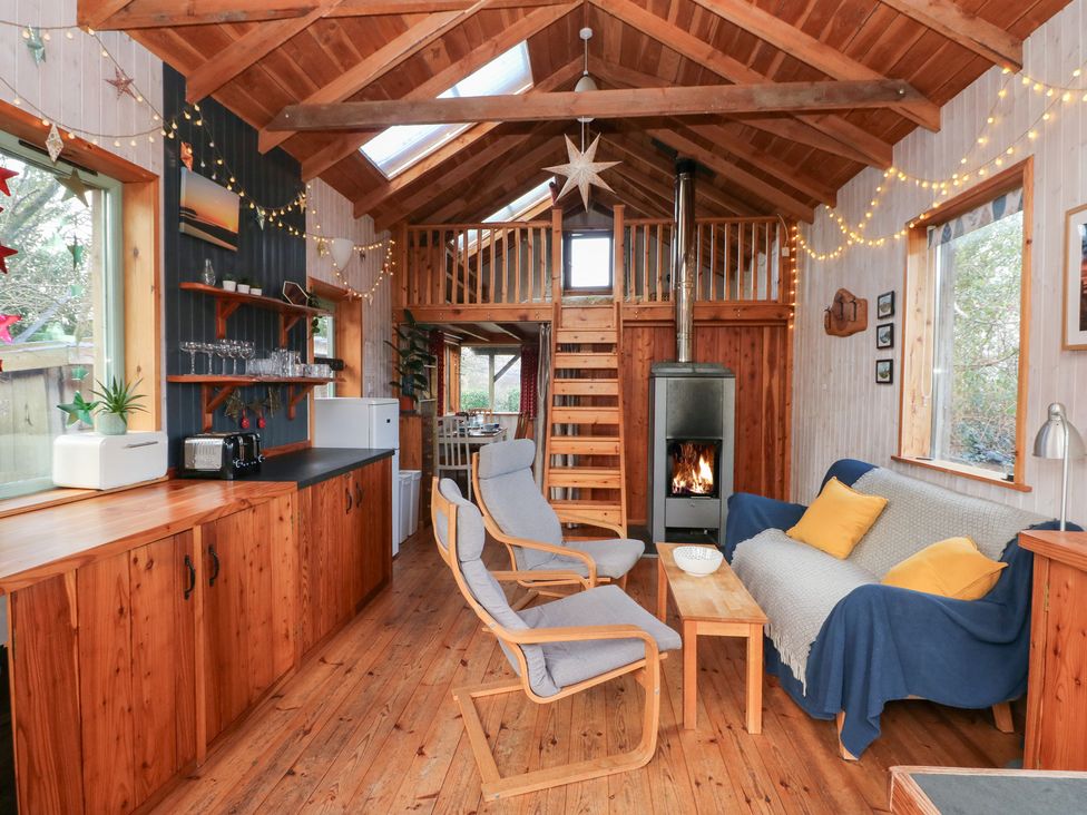 A living room with a stove and sofa at Cabin in Newport
