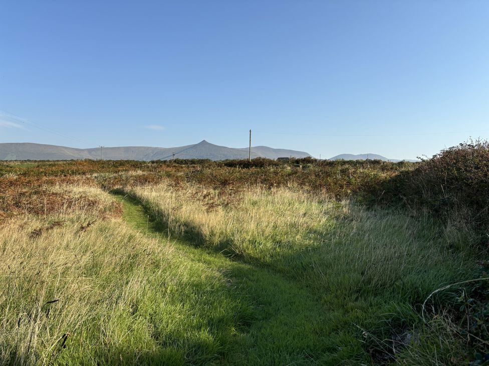 A grassy path leading to mountains at The Faithfuls Cabin in Dingle, County Kerry