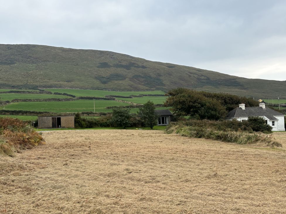 A house and a shed in a field with a hill in the background at The Faithfuls Cabin in Dingle, County Kerry