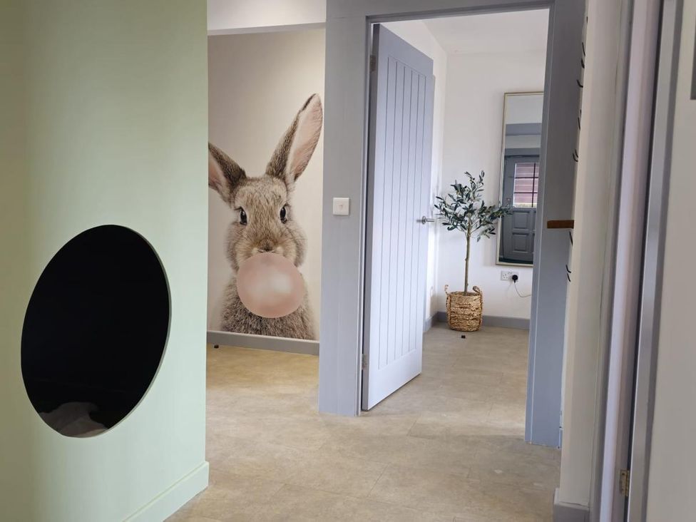 A hallway with a bunny wall art and potted plant at Kinder Lodge 3 (Pet) Portreath