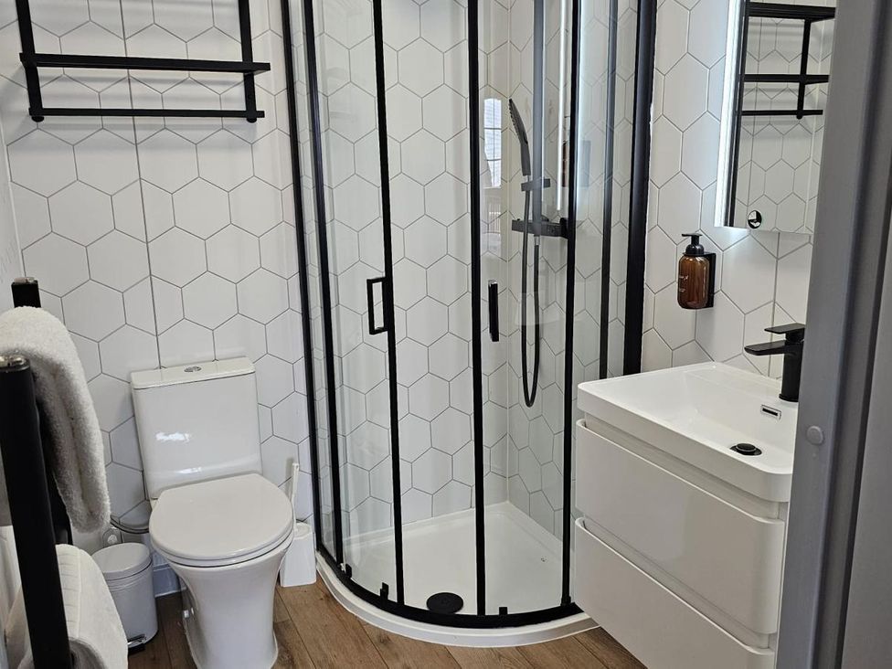A bathroom with shower, toilet, and washbasin at Kinder Lodge 3 (Pet) in Portreath