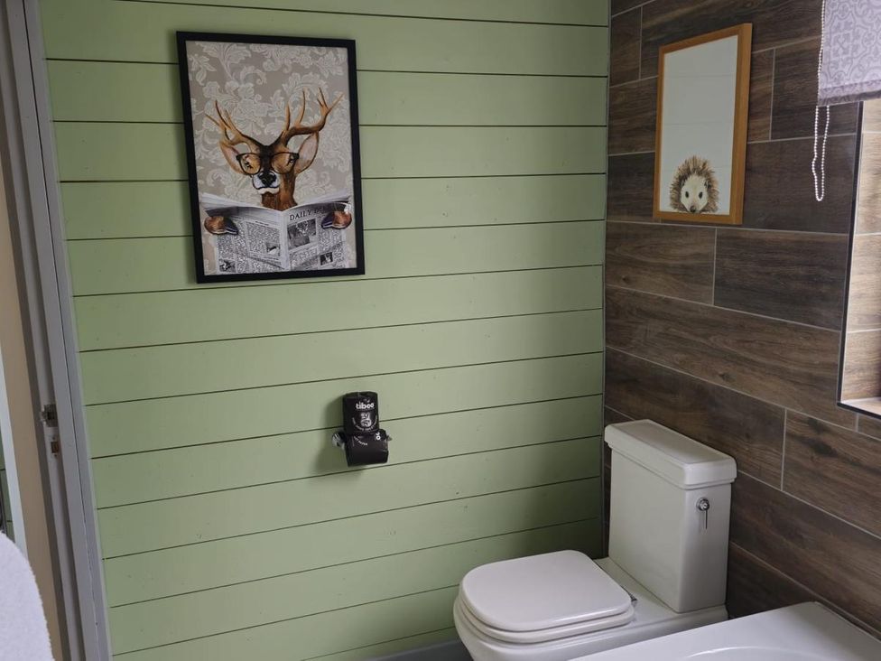 A bathroom with green walls and wooden tiles at Kinder Lodge 3 (Pet) Portreath
