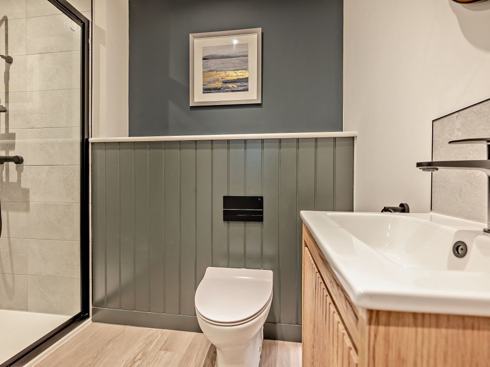 A bathroom featuring a toilet, sink, shower and framed picture at Arvor Wetroom Studio 1.0