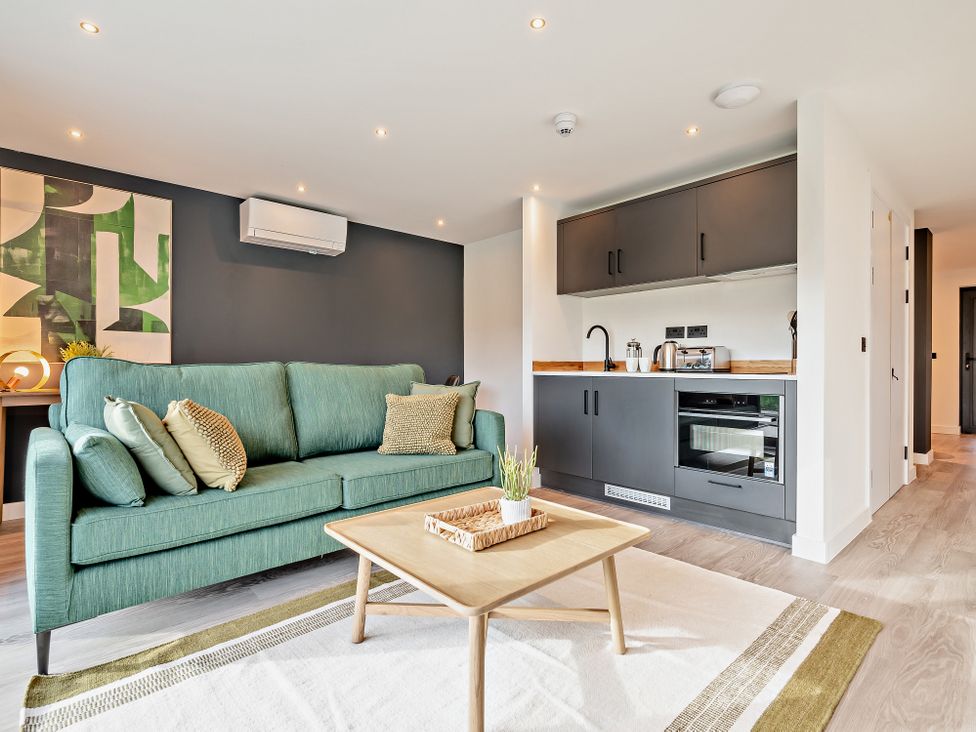 A living room with a sofa and kitchen unit at Whalesborough Penthouse 2.0 in Marhamchurch