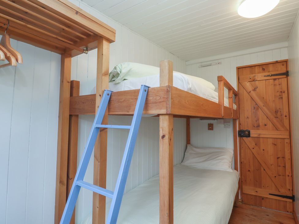A bunk bed with a ladder and wooden door at Pleasans in Hayle