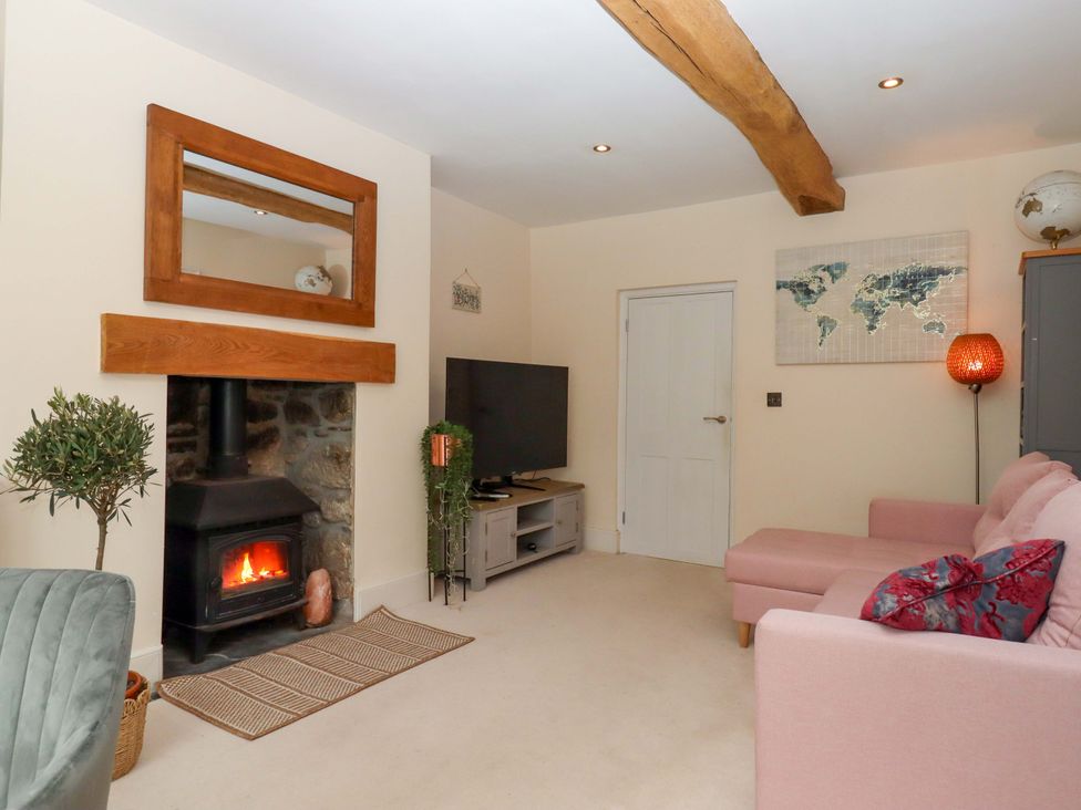 A living room with a fireplace and TV at The Mill House in Newton Abbot