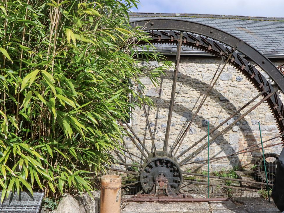 A water wheel next to bamboo plants at The Mill House in Newton Abbot