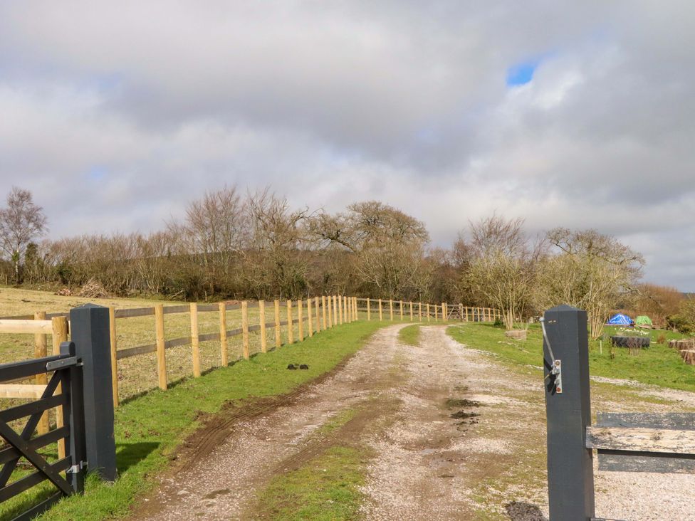 A gravel path leading through a field with a fence and gate at The Mill House in Newton Abbot