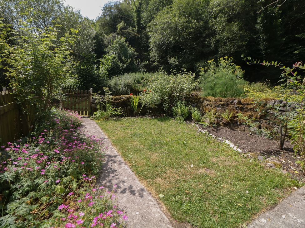 A garden with flowers and a pathway at Honeysuckle Cottage in Blackwell Mill near Buxton