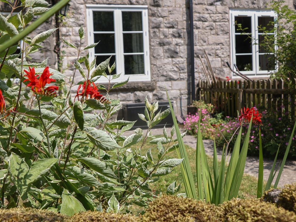 A garden with flowers and a stone wall at Honeysuckle Cottage near Blackwell Mill