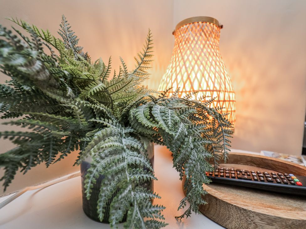 A living room with a plant and lamp at Albion Cottage in Whitby