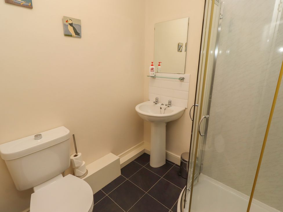 A bathroom with a shower, sink, and toilet at Kittiwake at No 20 Seahouses