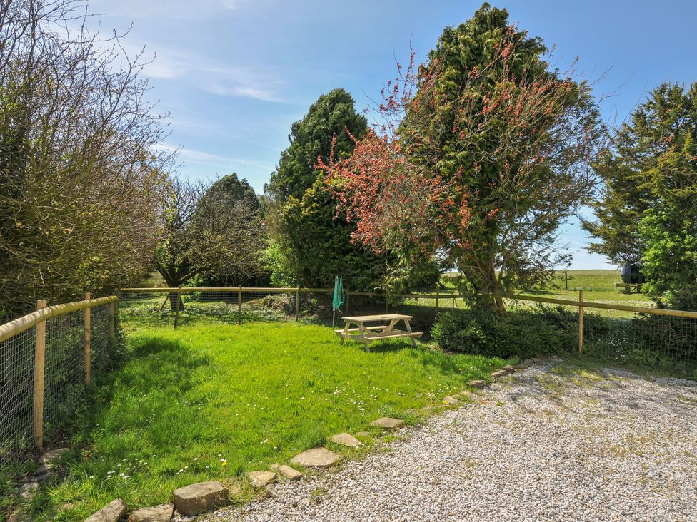 A garden with a picnic table and trees at Little Blagdon Ashwater