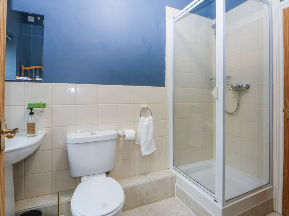 A bathroom with a shower, toilet, and sink at Inglewood Bach in Conwy