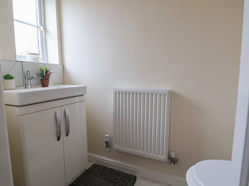 A bathroom featuring a sink, toilet, and radiator at 31 Llys Ogwen in Prestatyn