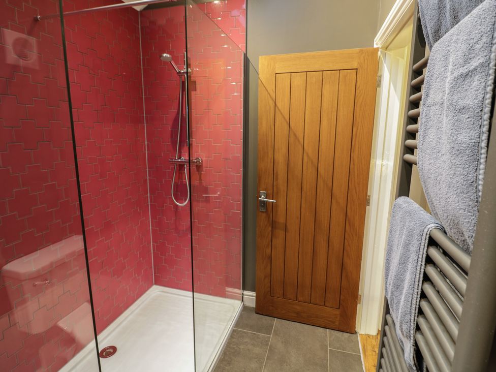 A bathroom with a shower and wooden door at Otter's Rest in Droitwich