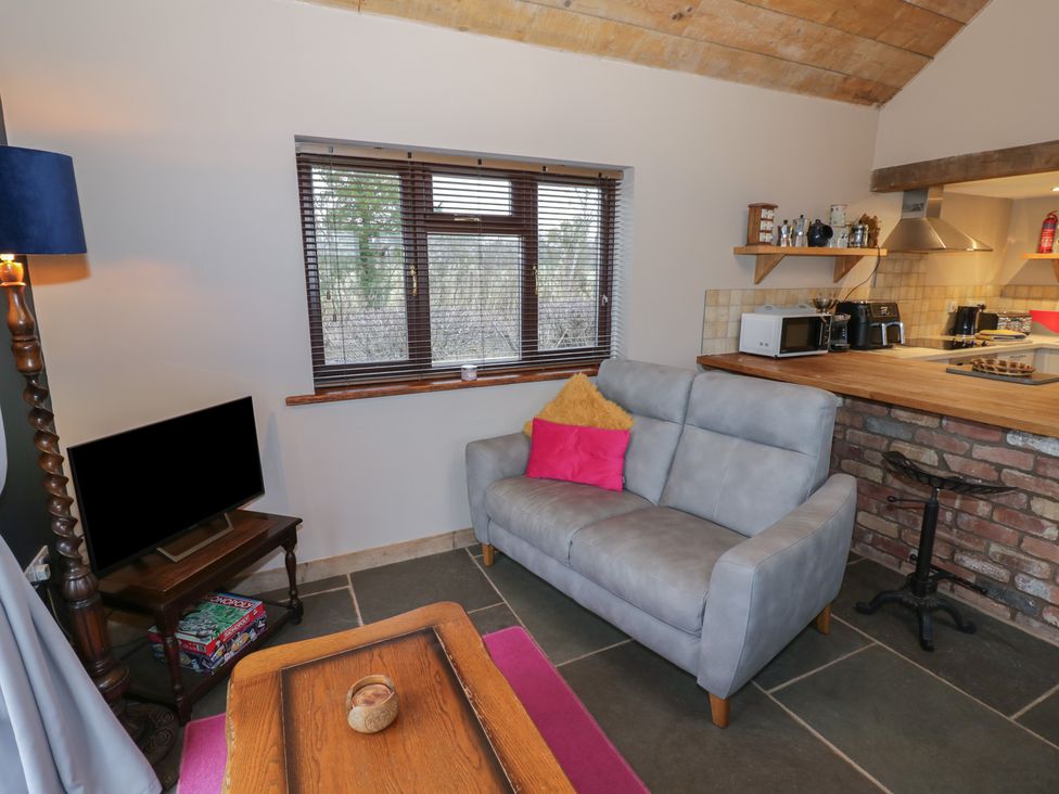 A living room with a couch and television at The Barn on The Lagoon in Droitwich