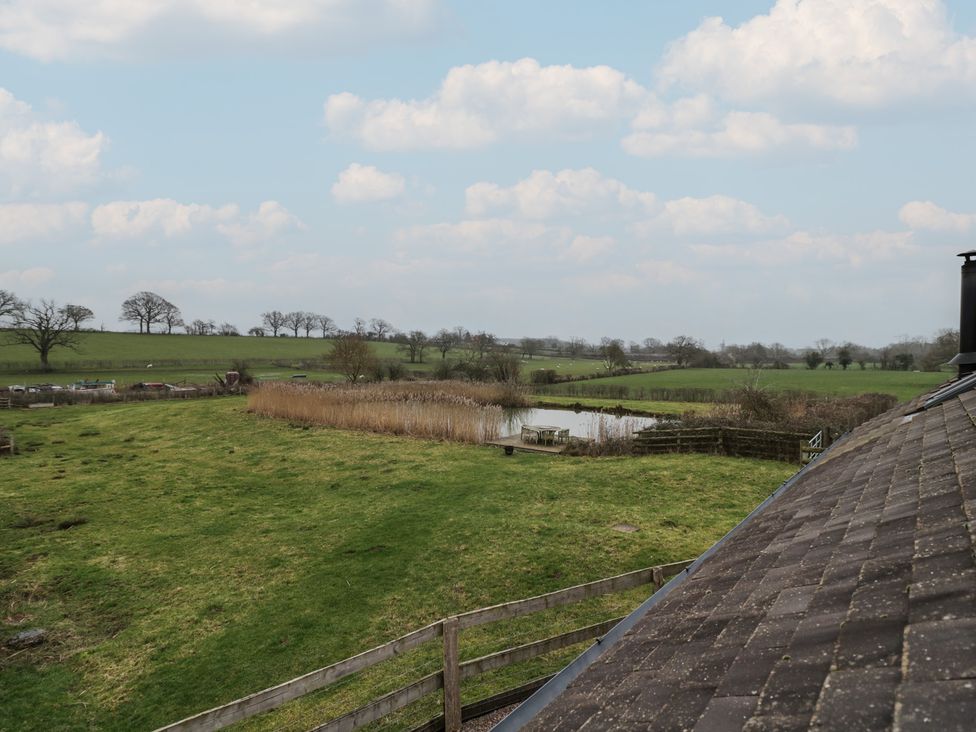 A landscape with grass, trees, water, and reeds at The Barn on The Lagoon Droitwich