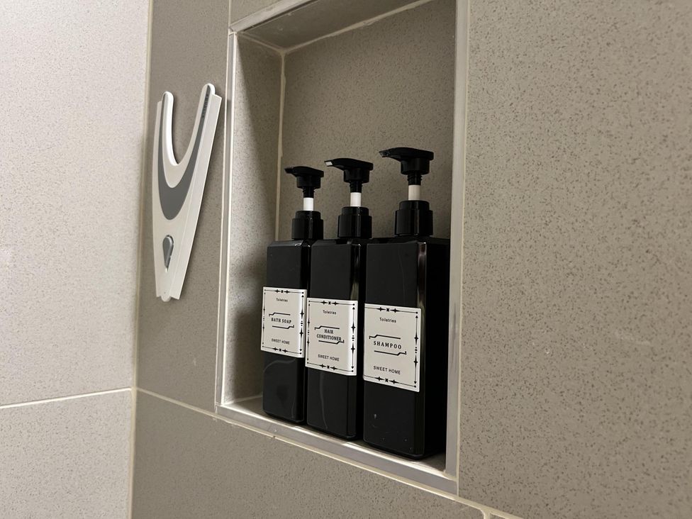 Bottles of bath soap hair conditioner and shampoo on a shelf in the bathroom at Woodland Lodge The Snug Filby