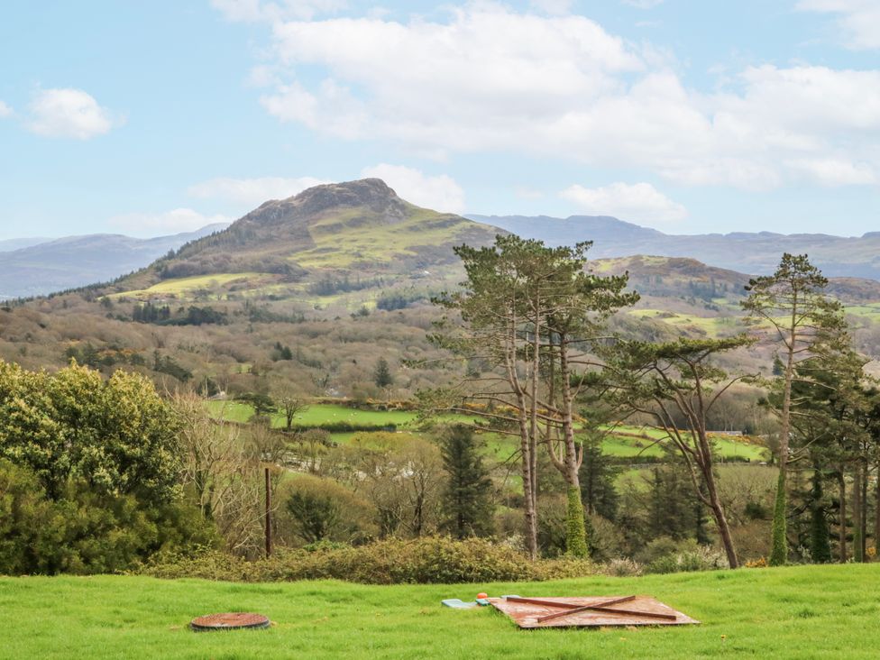 A view of a mountain and trees with grass in the foreground at Little Barn near Criccieth