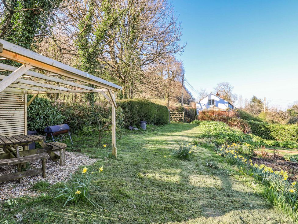 A garden with a bench and grill at 2 Oak Tree Cottages Marshwood Nr. Hawkchurch