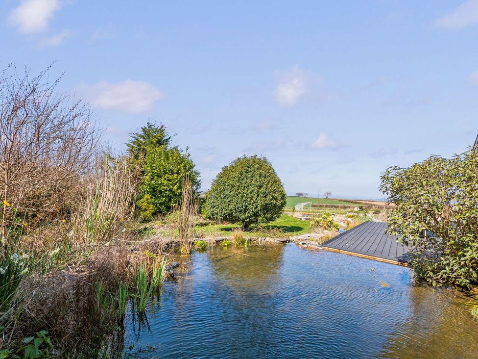 A garden with a pond and trees at Capton Snug in Dartmouth