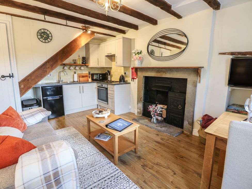 A living room with a kitchenette and fireplace at Olive Cottage in Richmond