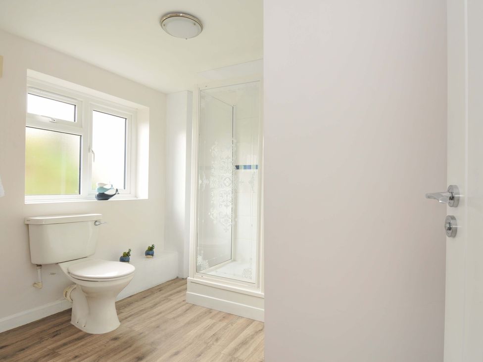 A bathroom with a shower and toilet at Casa Mia in Porthpean near St Austell