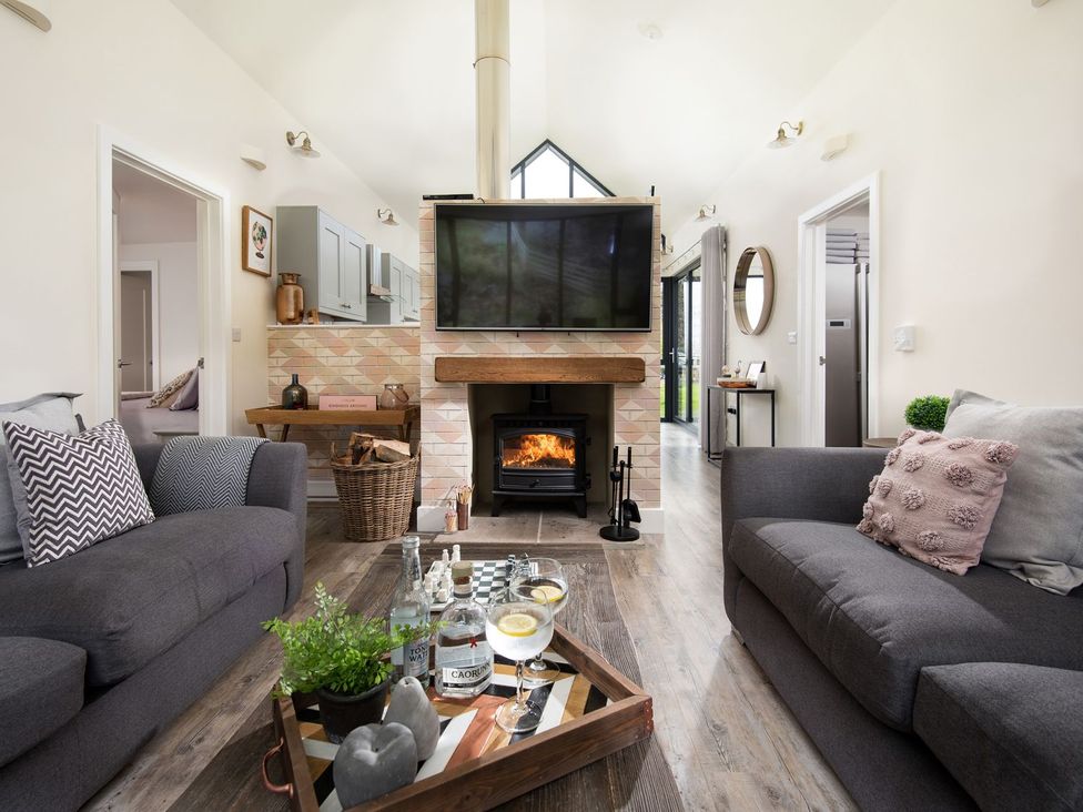 A living room with a fireplace and television at Summerset Lodge