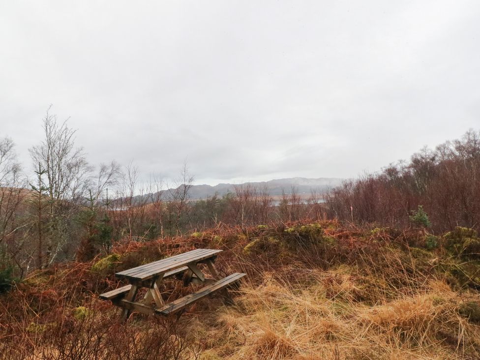 A picnic table in a natural setting with trees and mountains in the background at Doire An Daimh