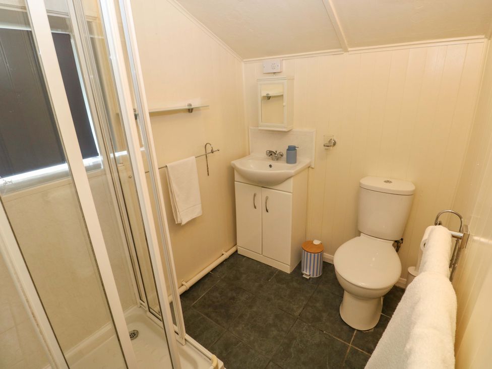A bathroom with a shower, sink, and toilet at Beacon House Marloes near Little Haven