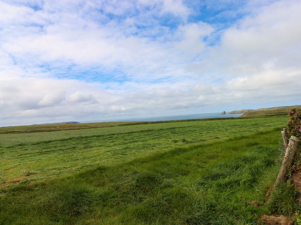 A coastal landscape with grass and sea at Beacon House Marloes near Little Haven