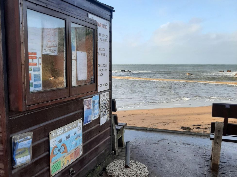 A beach cabin with information signs near the sea at Hope Cove, Kingsbridge
