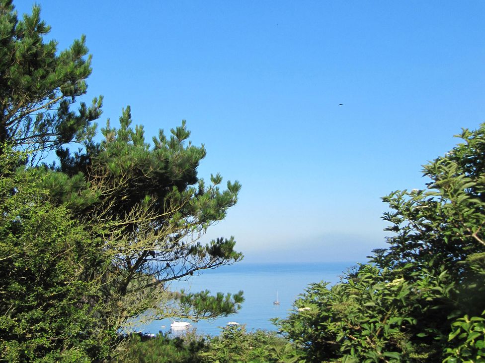 A view of the ocean with trees and boats at Hope Cove near Kingsbridge