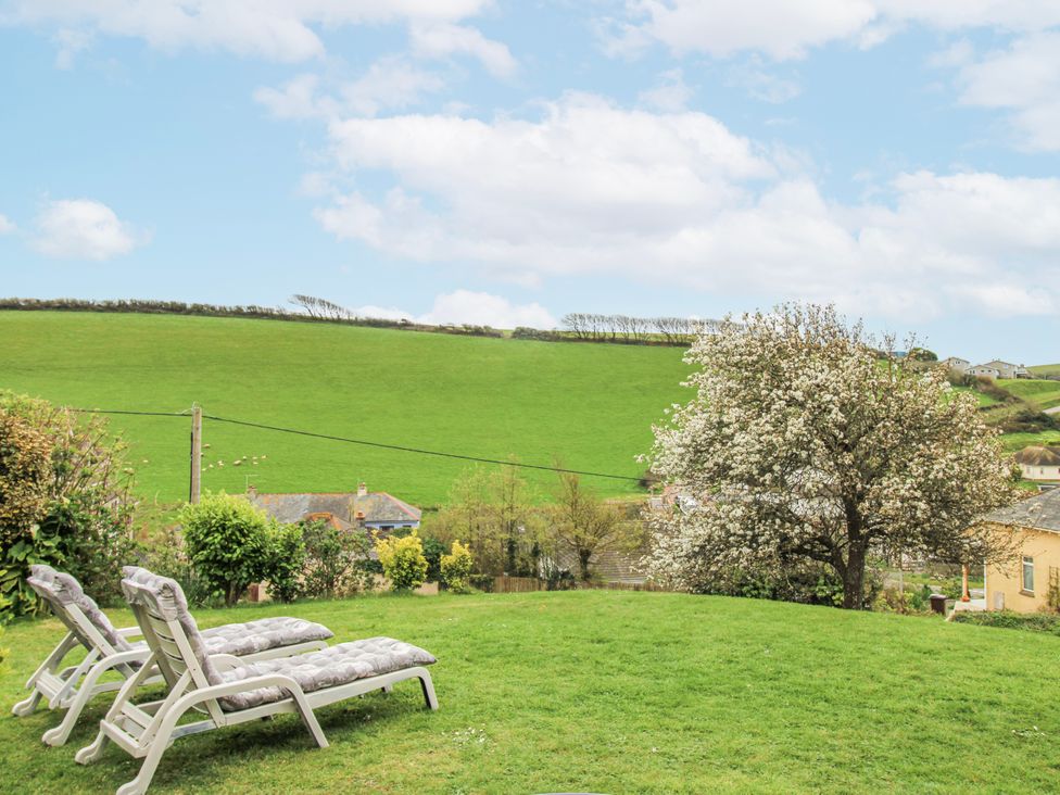 A garden with deck chairs and a tree at Quay Sands, Hope Cove