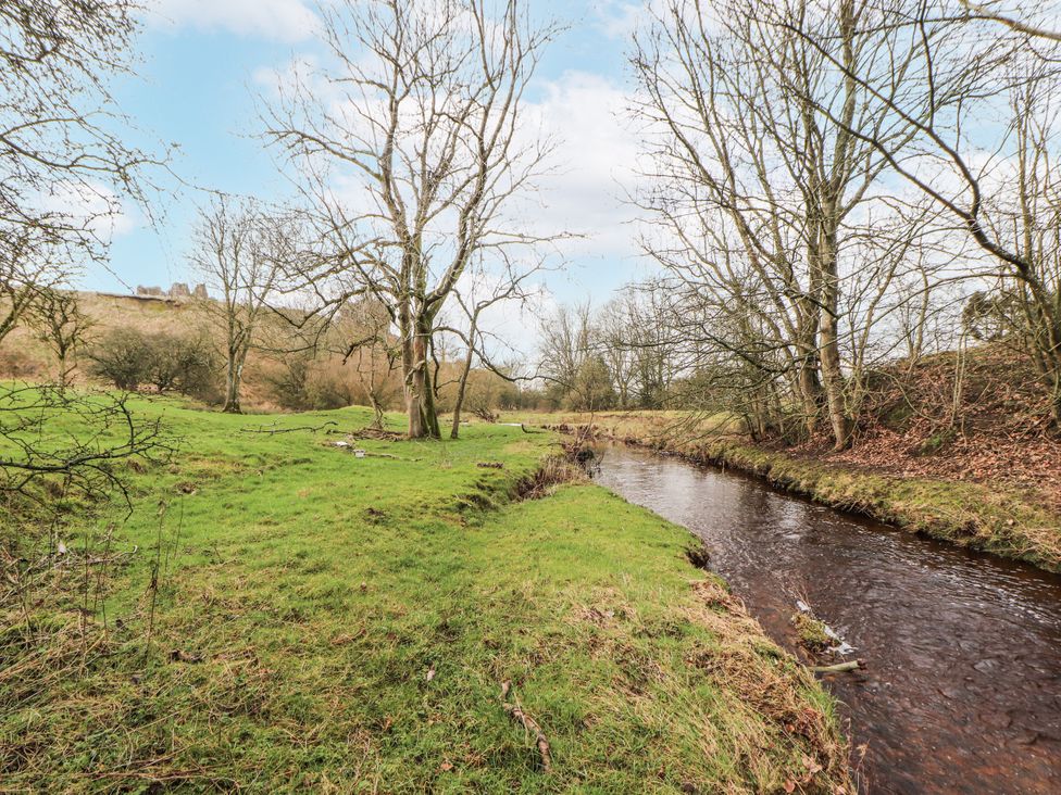 A stream with trees and grass near ruins at Blue Heron Lodge in Kirkby Stephen