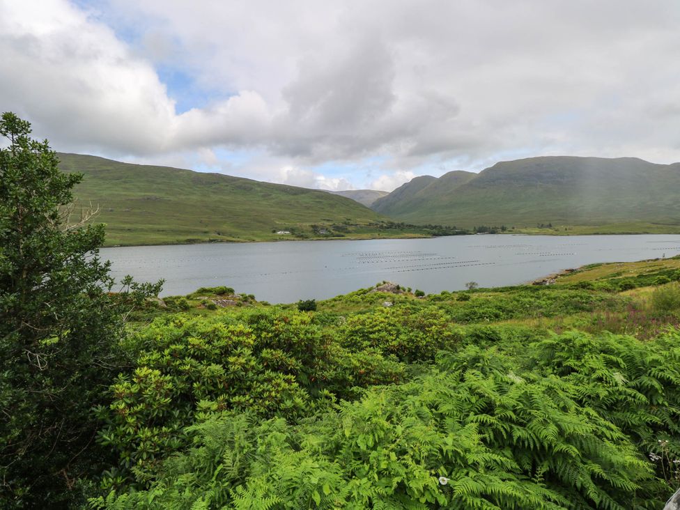 A view of a lake surrounded by mountains and vegetation at The Cottage in Leenane, County Galway