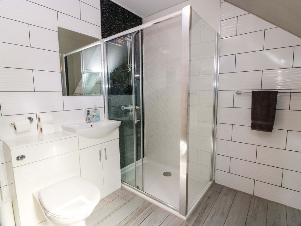 A bathroom with a shower, sink, and toilet at Ledrishmore View in Alexandria