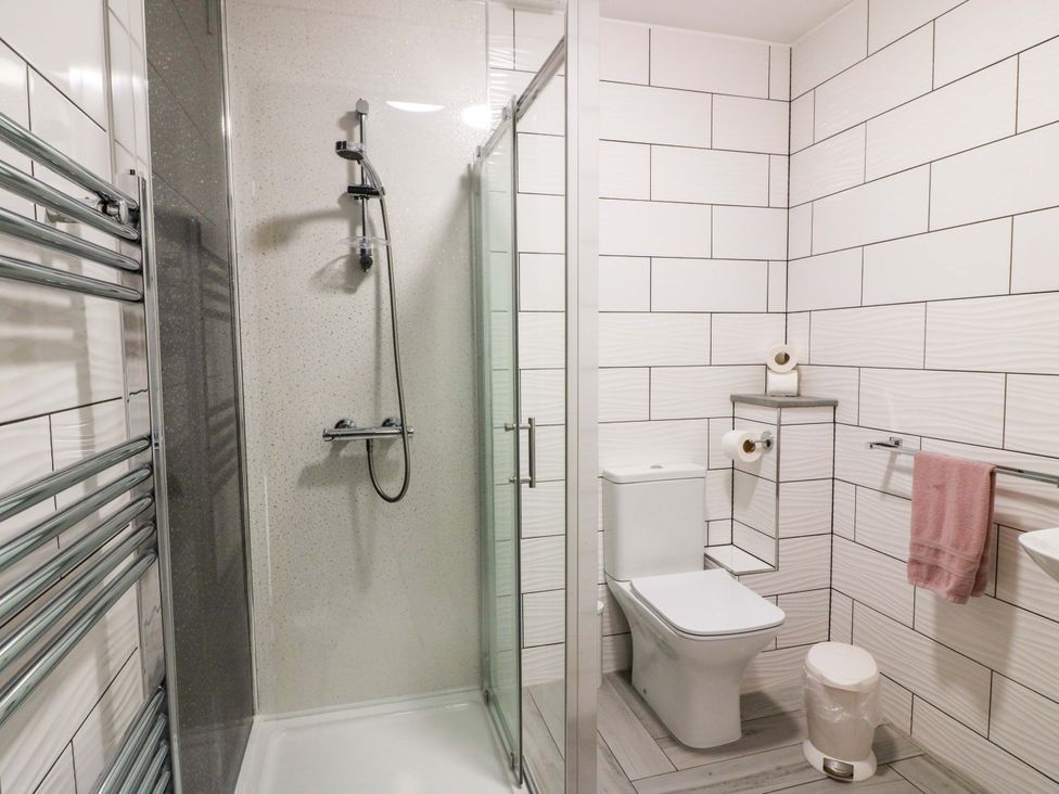 A bathroom with a shower, toilet, and sink at Ledrishmore View in Alexandria