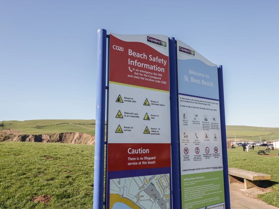 A beach safety information sign at St. Bees Beach in St Bees