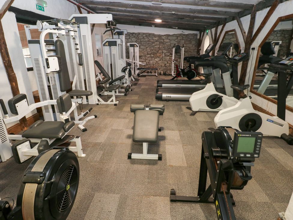 A gym with various exercise machines and a weight bench at Under cliff caravan Ferryside
