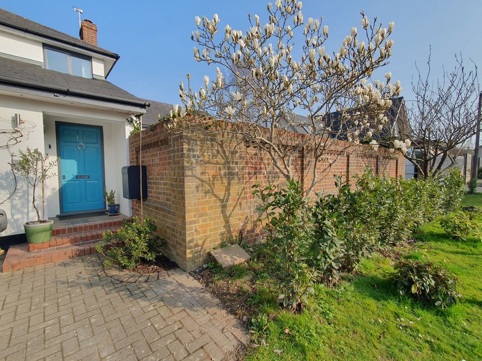 A house entrance with a blue door and a flowering tree at Island Retreat in Colchester