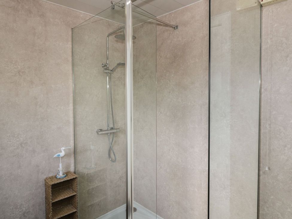 A shower with glass doors and a decorative object in the bathroom at Wagtail Cottage