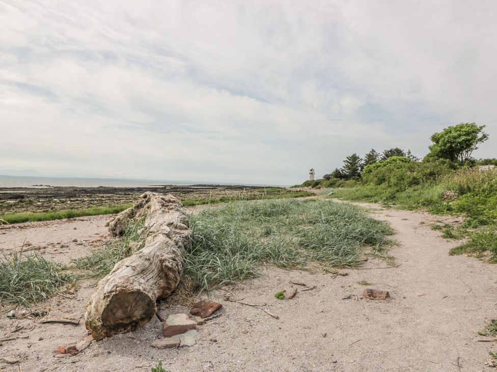 A shoreline with a large log, grass, and a lighthouse in the distance at Wagtail Cottage