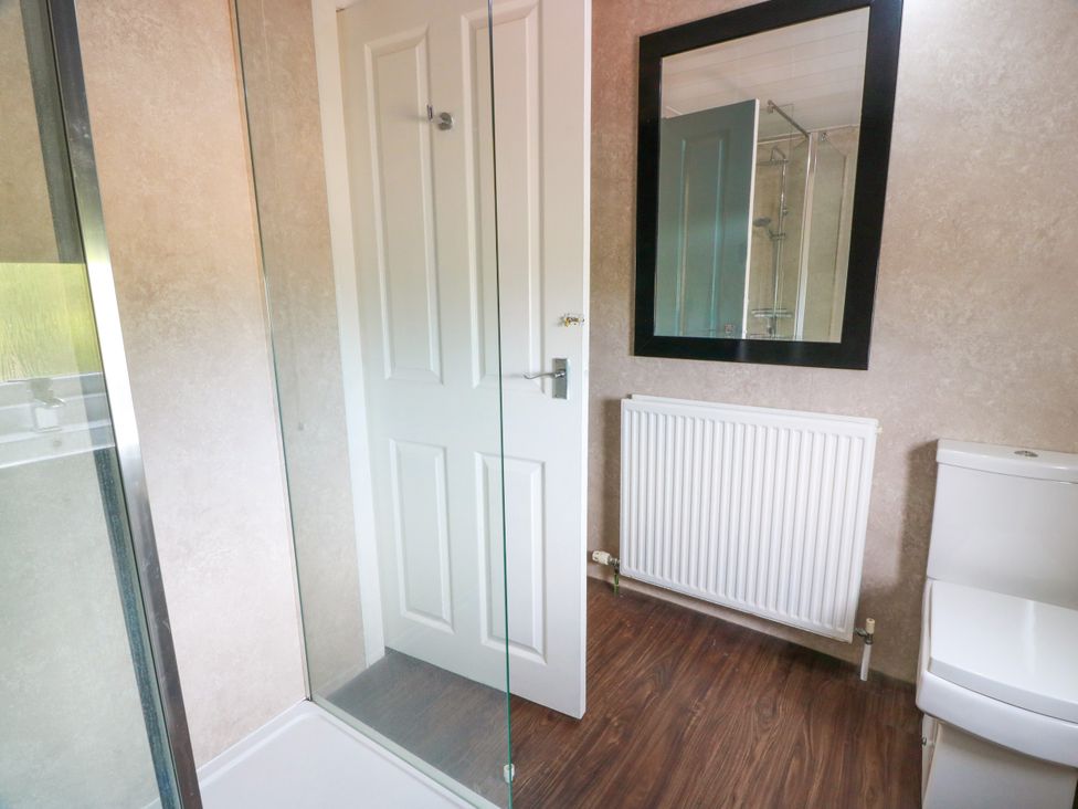A bathroom with a shower, toilet, mirror, and radiator at Wagtail Cottage in Southerness