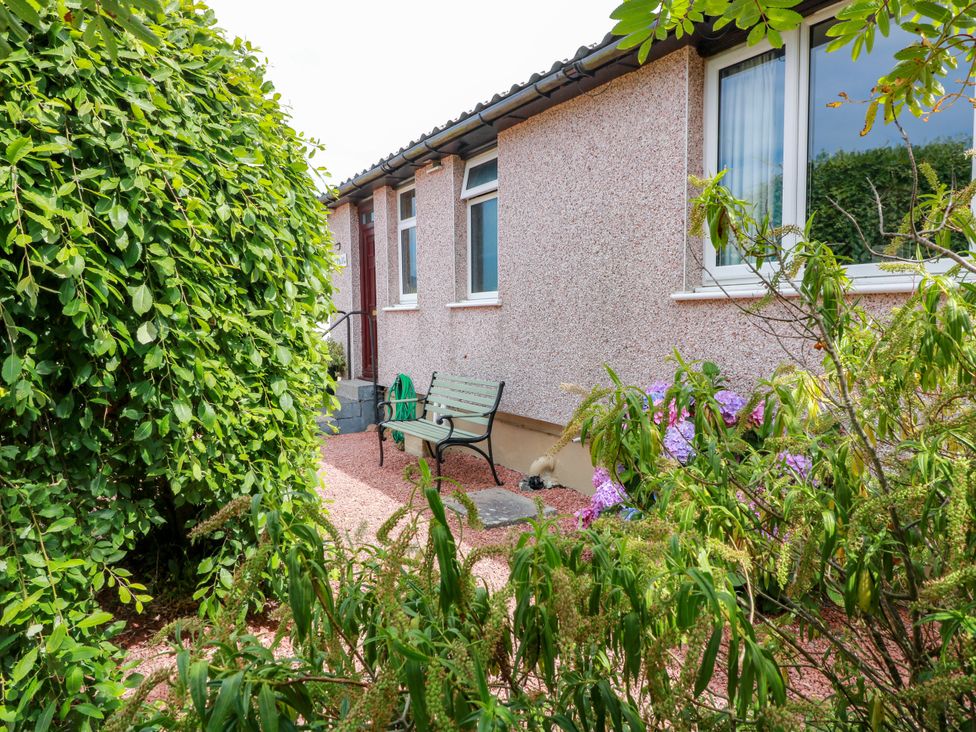 An outdoor area featuring a bench beside shrubs at Wagtail Cottage in Southerness